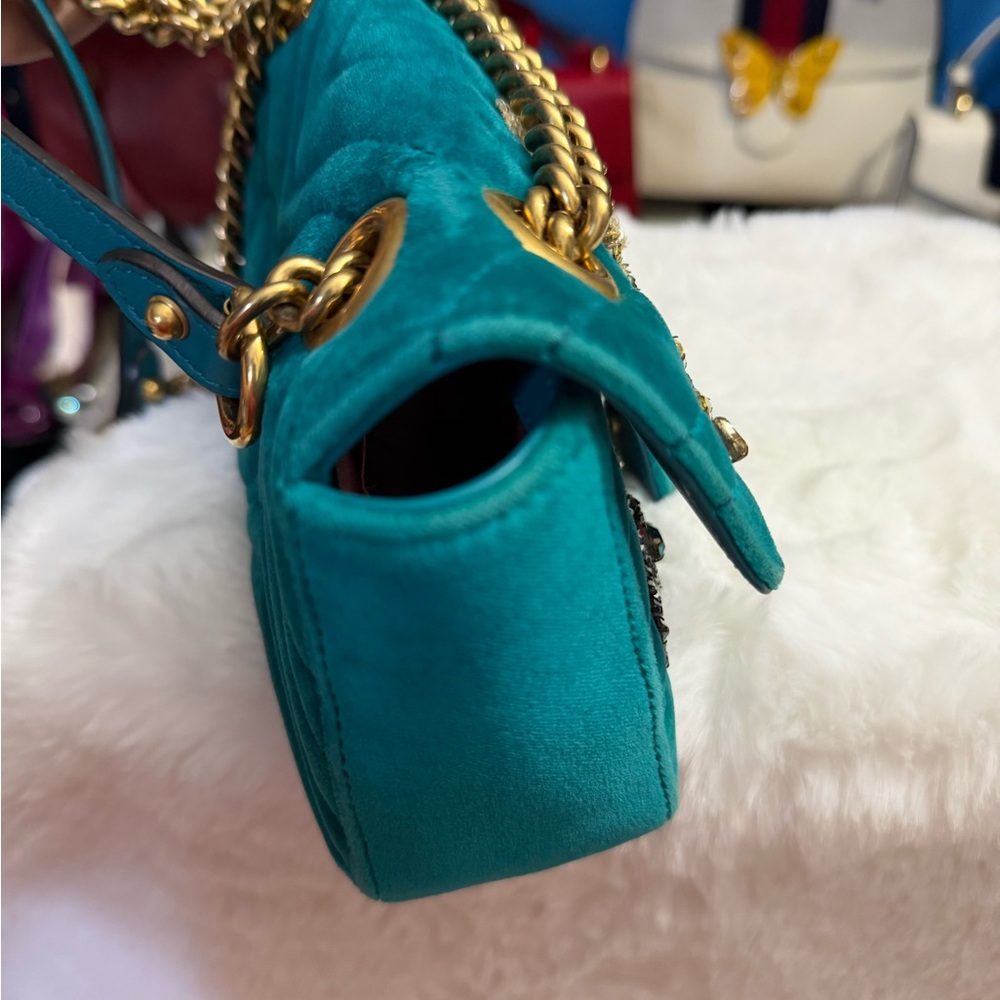 GG Marmont Teal Velvet Crystal Embellished Limited Edition Shoulder/Crossbody - Picture 13 of 16